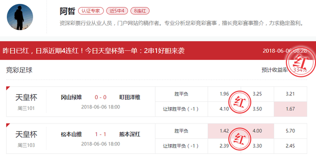天皇杯击中4.00平赔!
